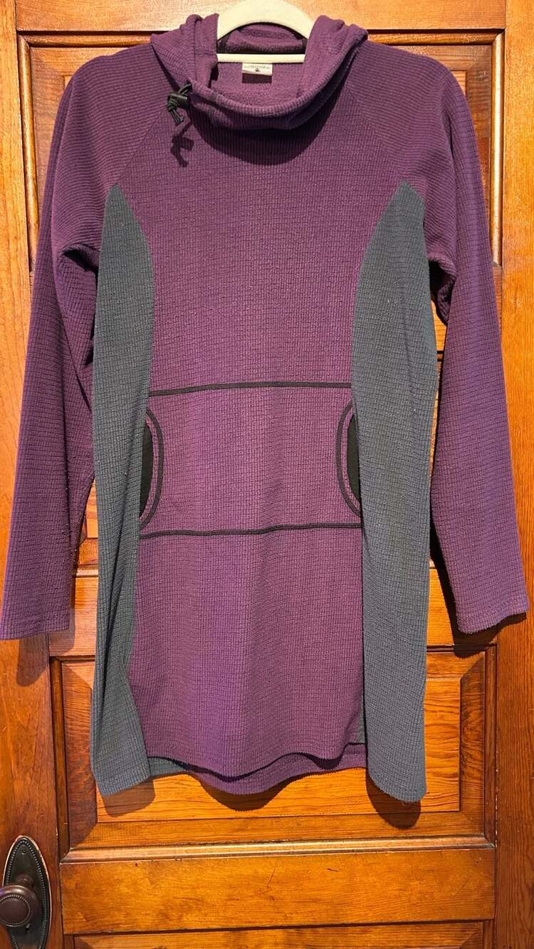 Melanzana Micro Grid Hoodie Dress Purple Gray Fleece Size Large